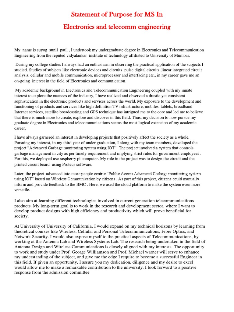 Statement of Purpose for MS In Electronics and telecomm engineering ...