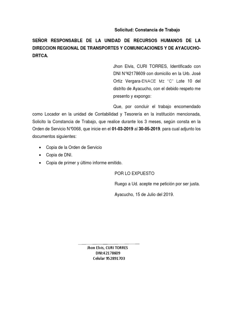 Modelo De Solicitud Para Constancia De Trabajo Violencia