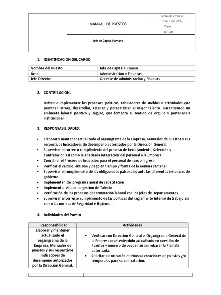 Manual de Puesto de Jefe de Capital Humano | PDF | Reclutamiento