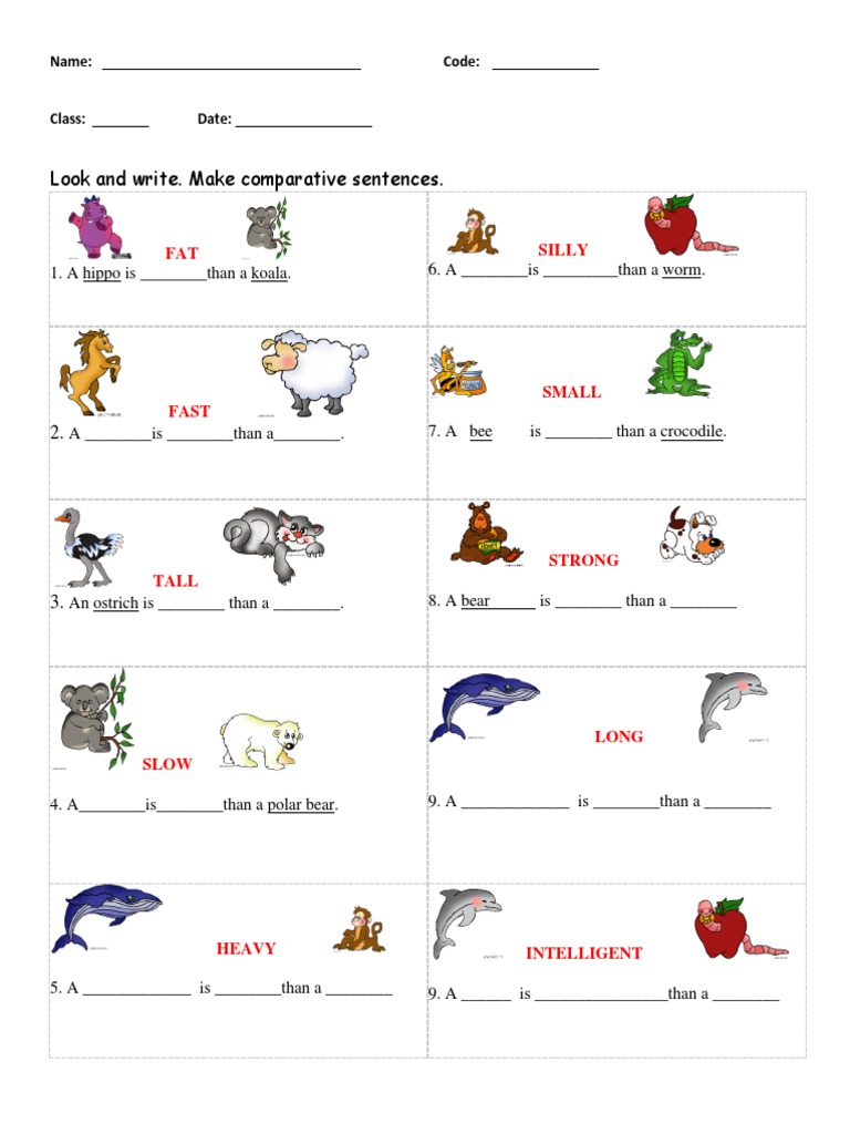 Look and Write. Make Comparative Sentences. FAT Silly PDF
