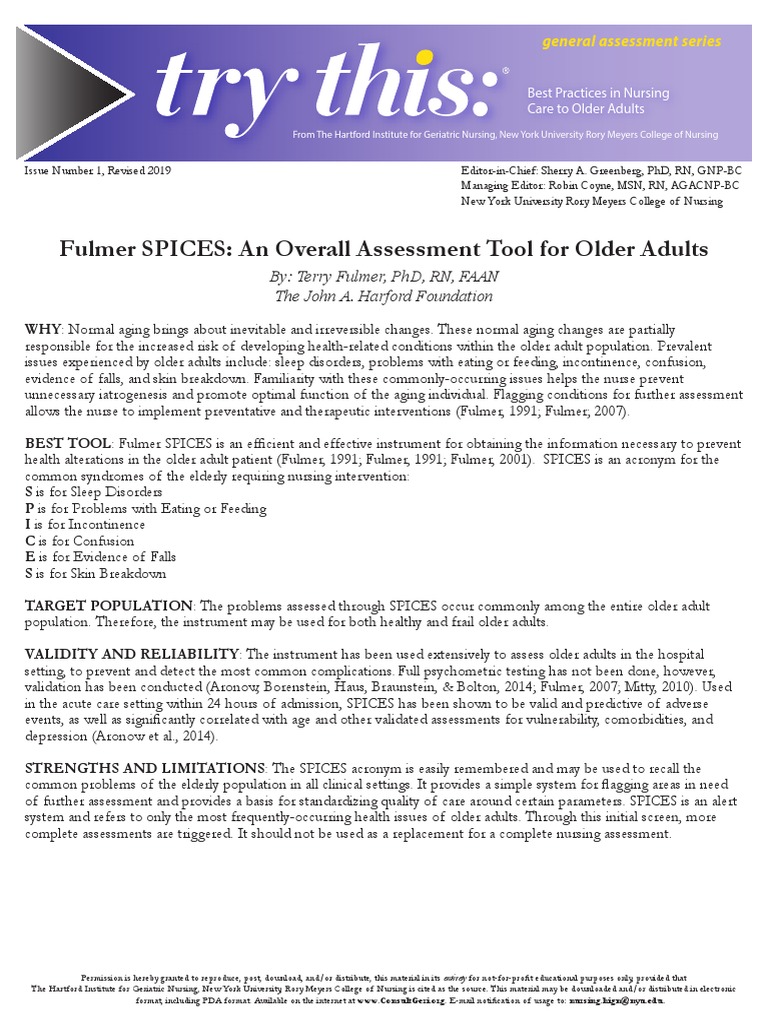 Fulmer SPICES An Overall Assessment Tool For Older Adults PDF