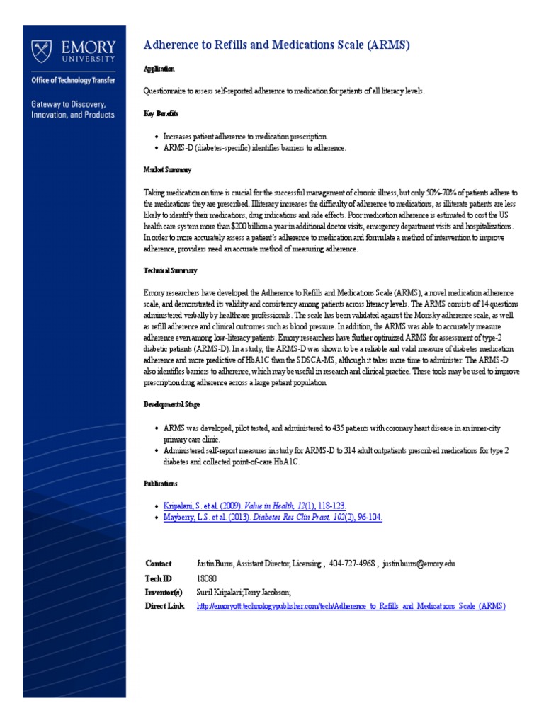 Adherence To Refills and Medications Scale Arms | PDF | Patient ...