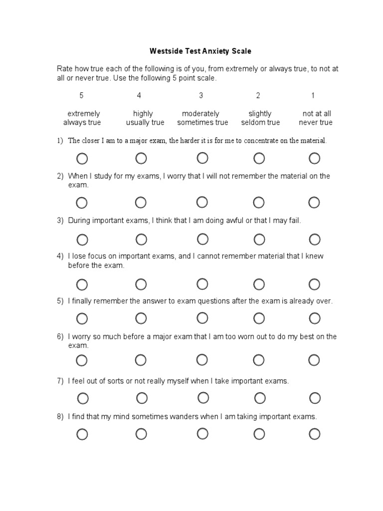 Westside Test Anxiety Scale Form PDF Anxiety Test (Assessment)