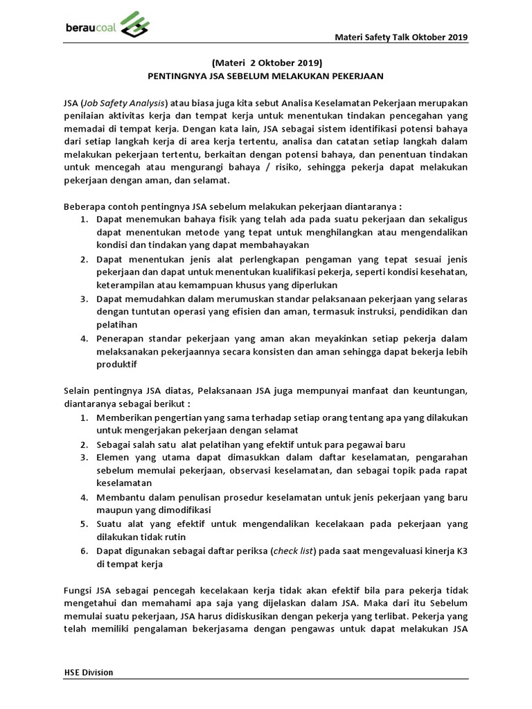 Materi Safety Talk Oktober 2019