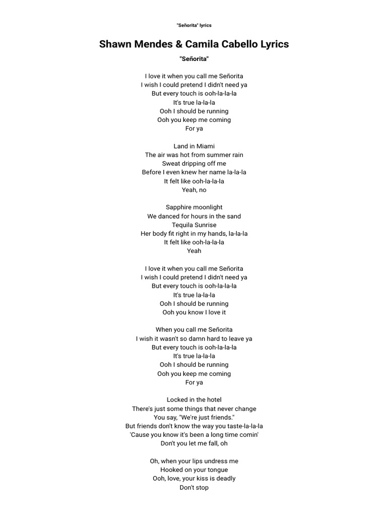 Shawn Mendes Camila Cabello Senorita Lyrics Pdf