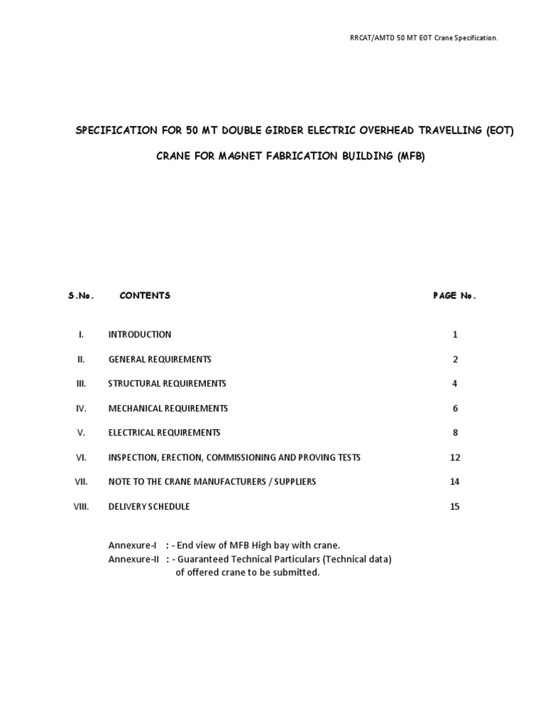 50 MT EOT Crane Specification Document | PDF | Switch | Crane (Machine)