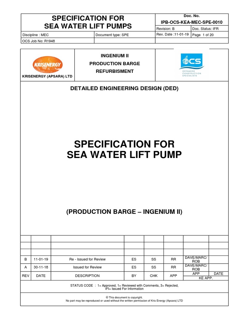 Specification For Sea Water Lift Pumps PDF Pump Specification