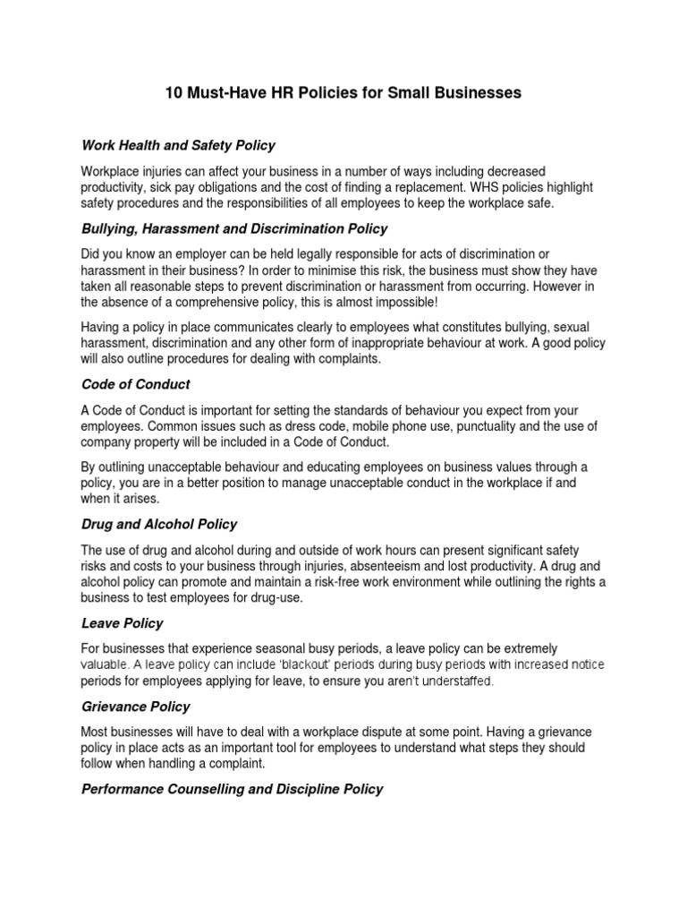 10 MustHave HR Policies For Small Businesses Work Health and Safety Policy PDF Privacy