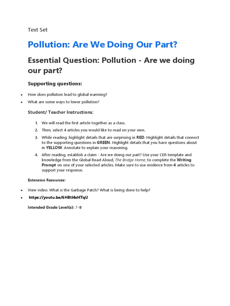 Essential Question: Pollution - Are We Doing Our Part? | PDF