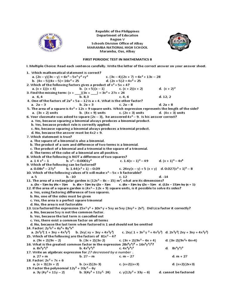 Math 8 First Periodic Test Questions | PDF | Fraction (Mathematics ...
