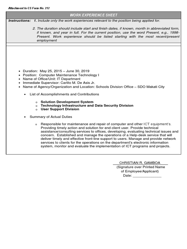 Work Experience Sheet Sample for Teachers | PDF