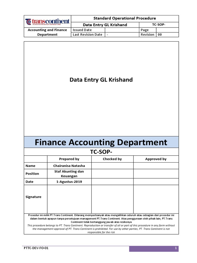 SOP Data Entry GL di Keuangan | PDF | Pengelolaan Keuangan & Uang