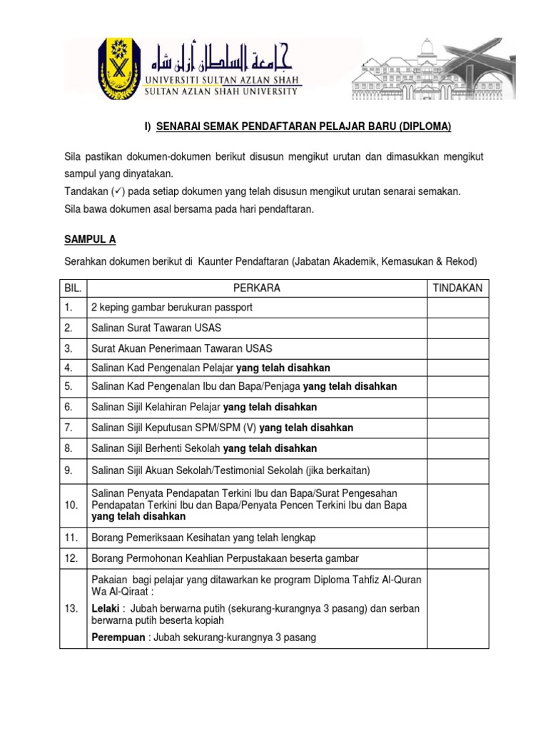 1 Senarai Semak Pendaftaran Pelajar Diploma Usas