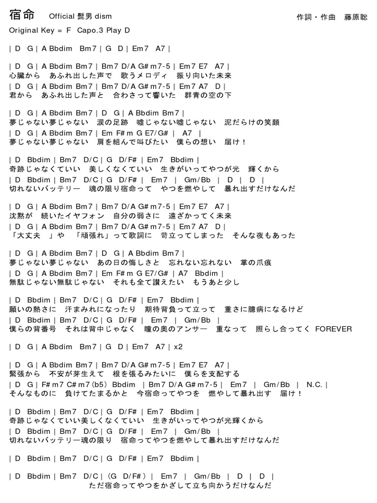 Official髭男dism - 宿命 Guitar Chords | PDF
