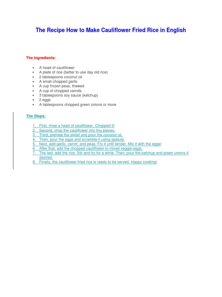 Cara Masak Nasi Goreng Bahasa Inggris | PDF