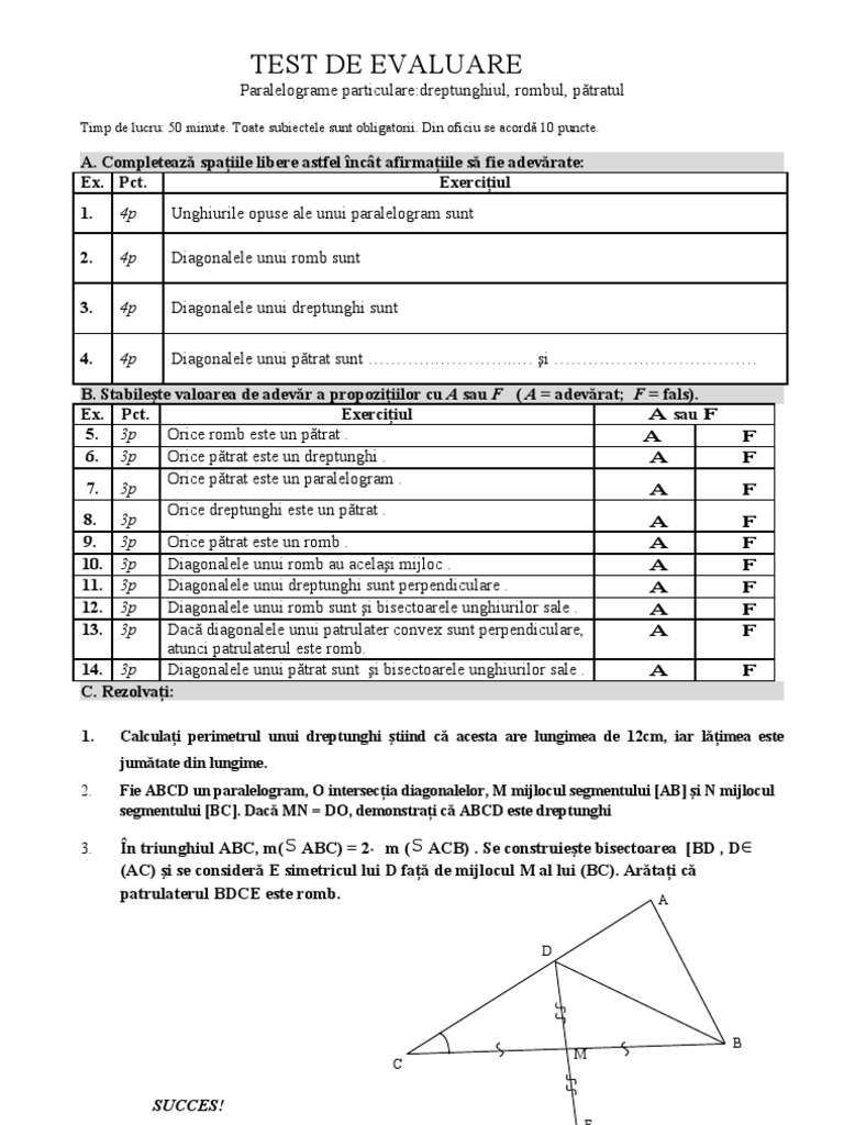 Test Dreptunghi Romb Patrat Clasa 7 | PDF