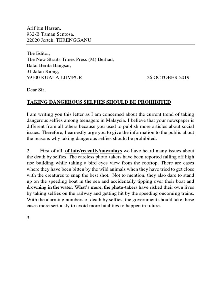 Formal Letter Dangerous Selfies Pdf