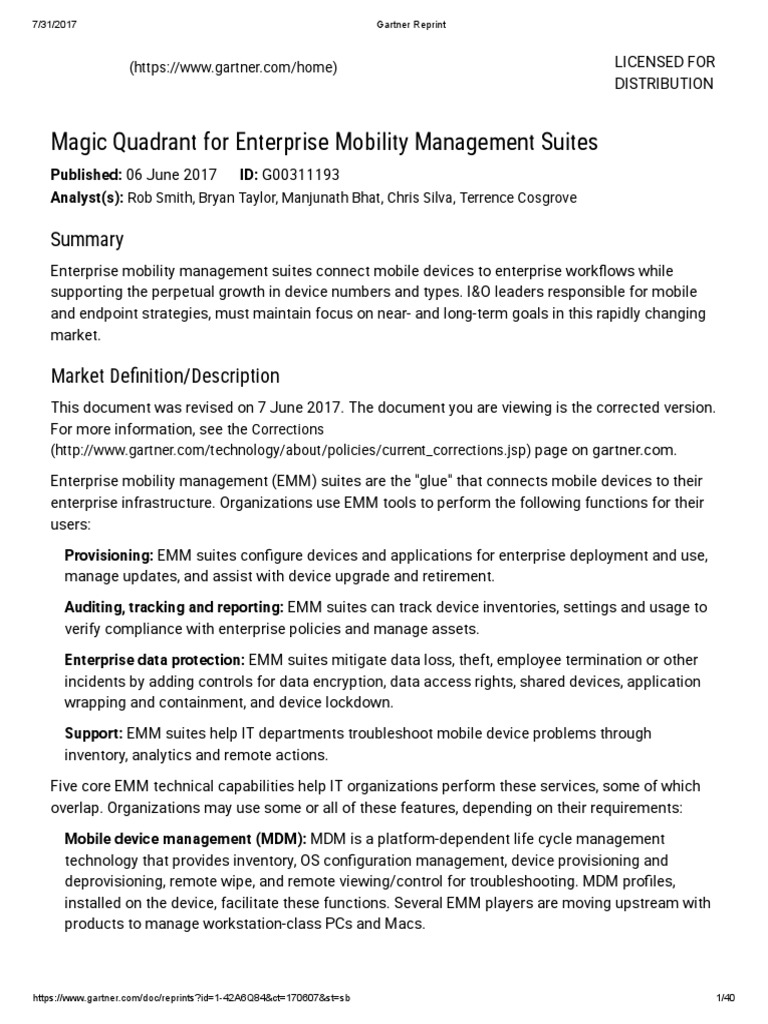 Gartner MagicQuadrant EMM 2017 PDF PDF Mobile App Android