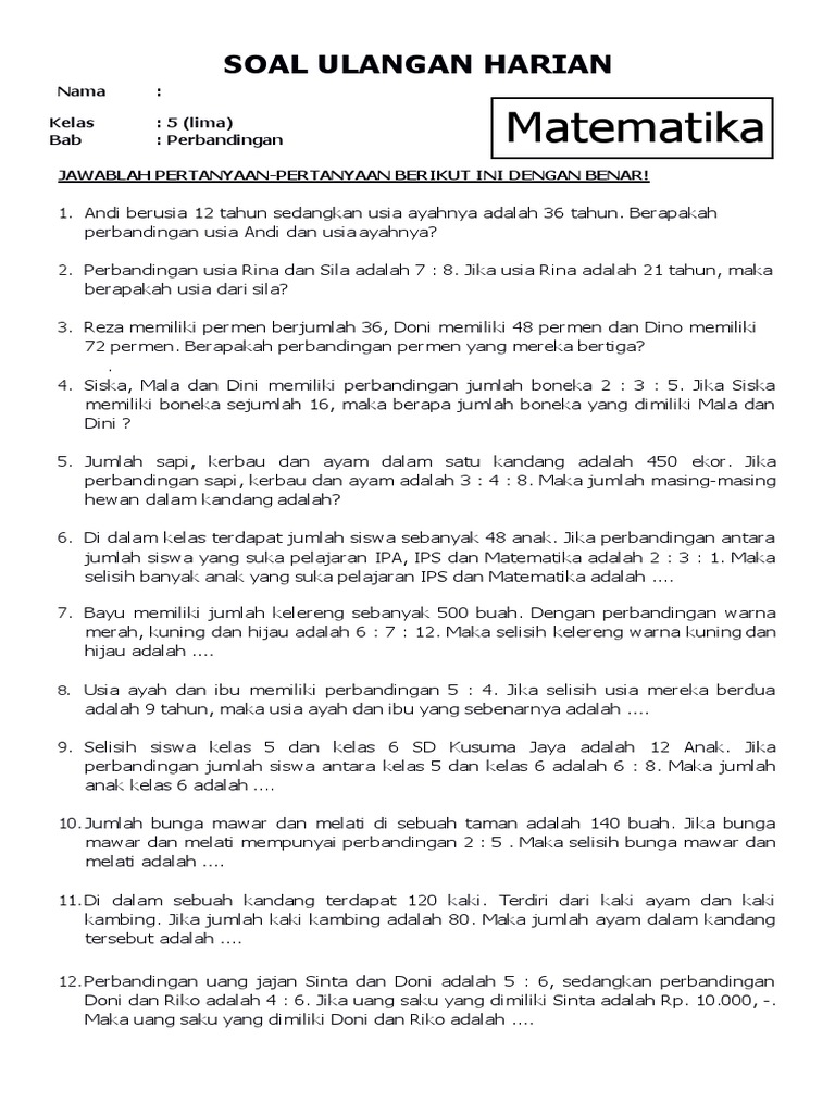 Soal Matematika Kelas 5 Sd Bab Perbandingan Pdf