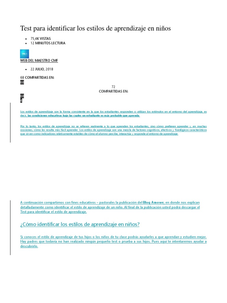 Test para Identificar Los Estilos de Aprendizaje en Niños | PDF ...
