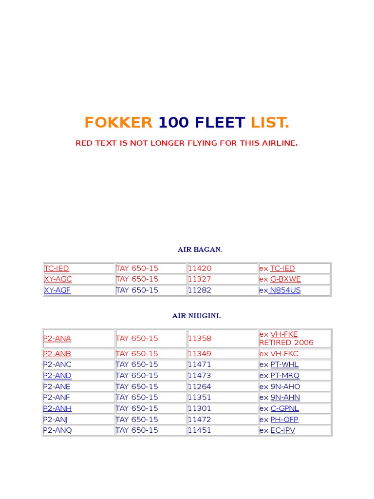 Fokker 100 Fleet List | PDF | Airlines | Aviation