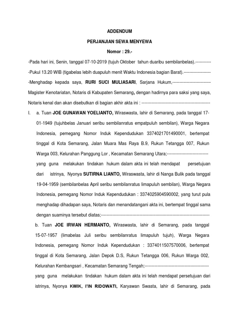 Addendum Perjanjian Sewa Menyewa Nomor 29