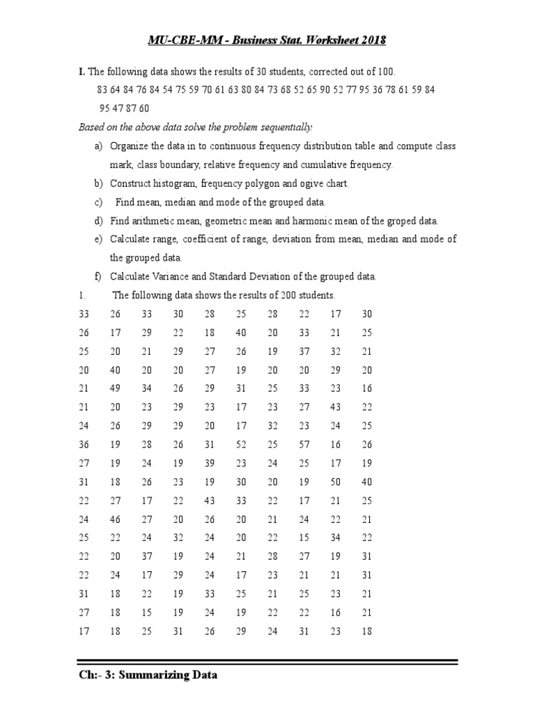 MUCBEMM Business Stat. Worksheet 2018 Based On The Above Data Solve The Problem