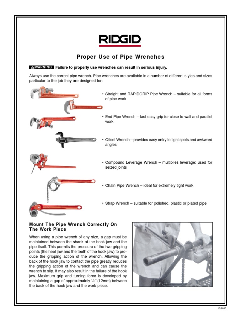 Proper Use of Pipe Wrenches Failure To Properly Use Wrenches Can