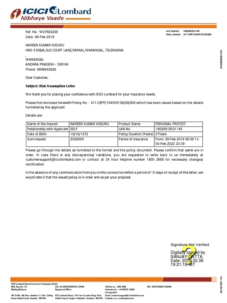 Subject: Risk Assumption Letter: LAN Number: 19020618531140 Policy 