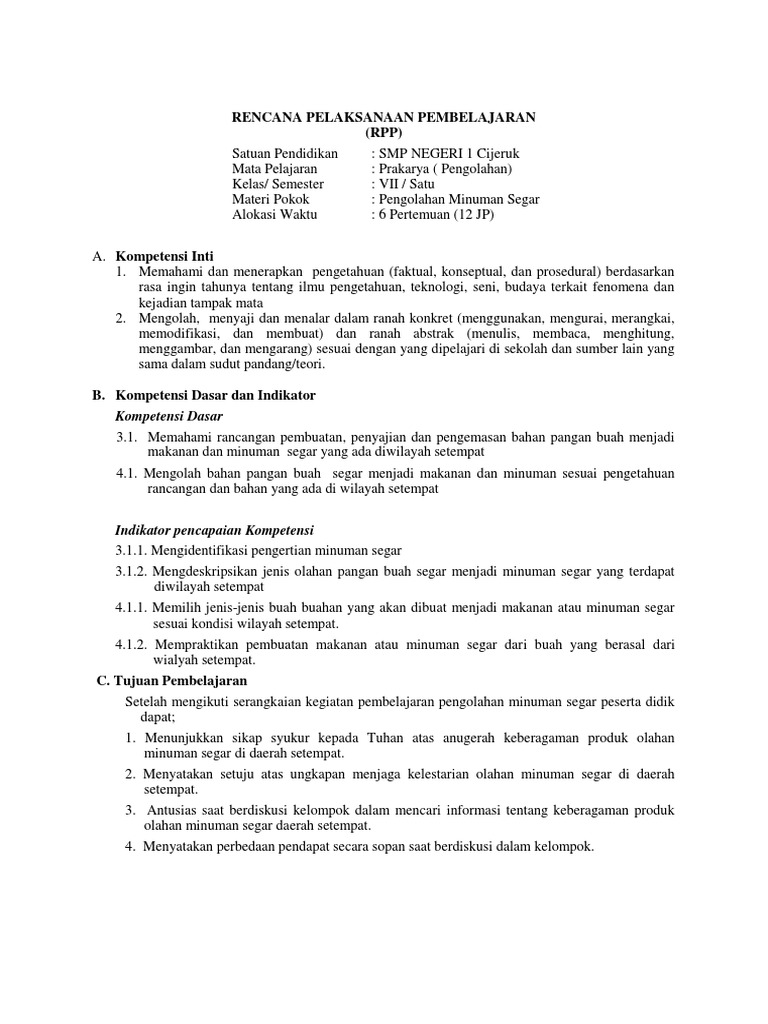 Rpp Prakarya Pengolahan Kelompok 1