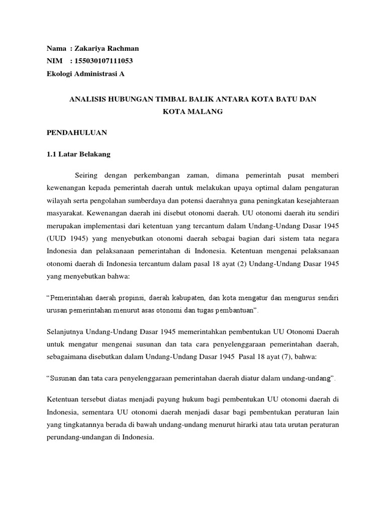 Hubungan Timbal Balik Antara Kota Malang Dan Kota Batu Sebagai