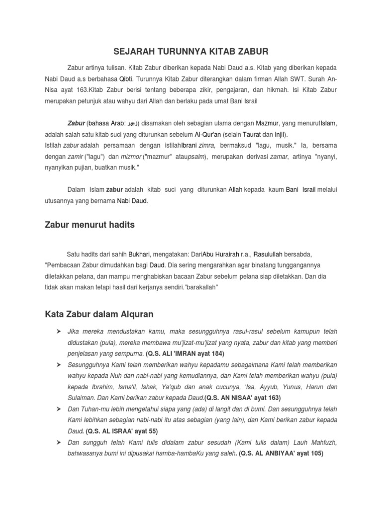 Sejarah Turunnya Kitab Zabur