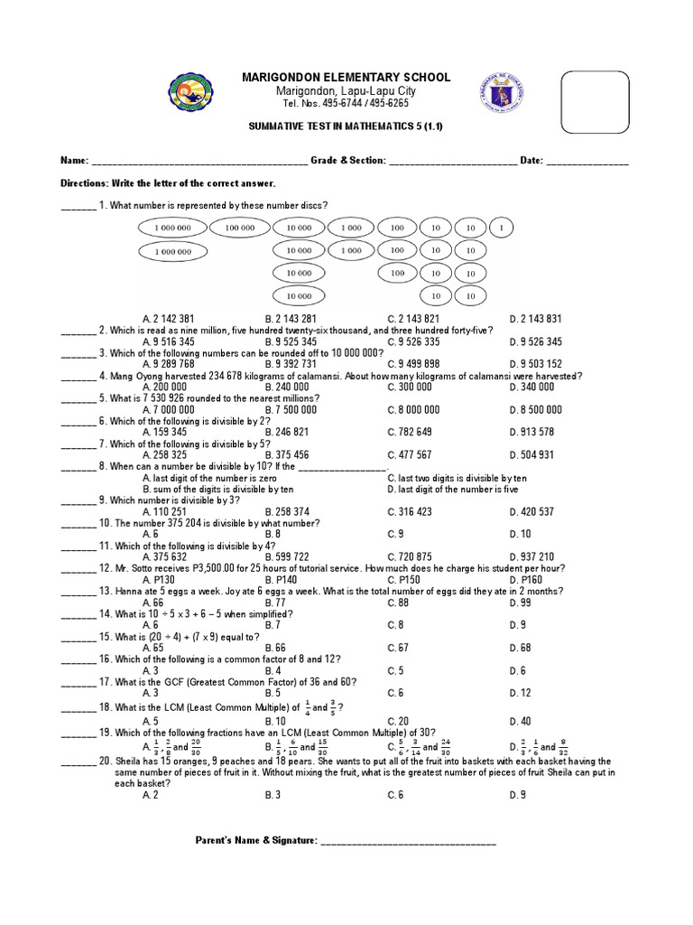 Grade 5 Summative Test With Tos Elementary Mathematics Arithmetic