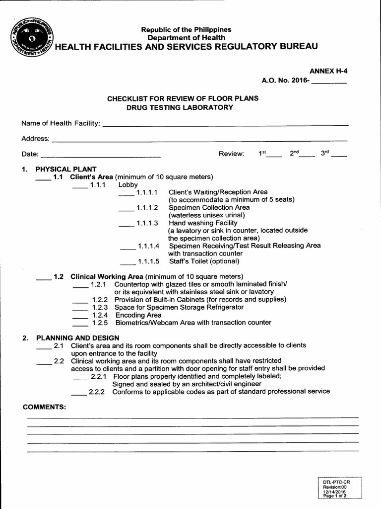 Checklist For Review of Floor Plans Drug Testing Laboratory 2017 PDF