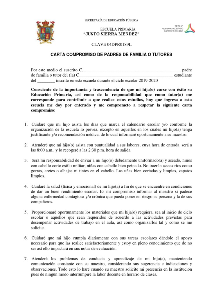 Carta Compromiso de Los Padres de Familia o Tutores | PDF | Evaluación ...
