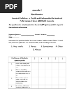 Appendix C Questionnaire Levels of Proficiency in English and It's Impact To The Academic Performance of Grade 12 HUMSS Students