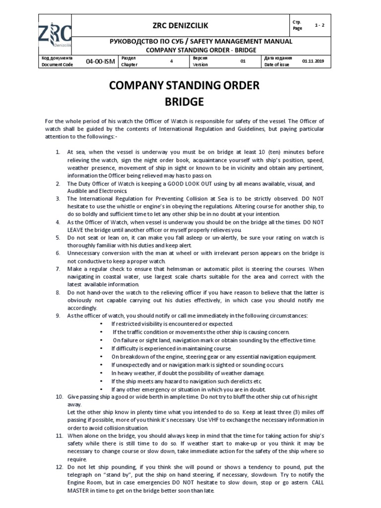 Company Standing Orders for Bridge Safety | PDF | Ships | Water Transport