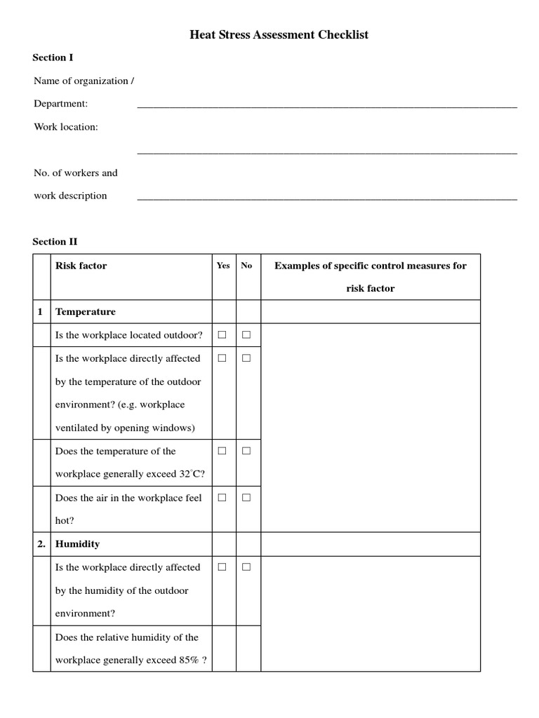 Heat Stress Assessment Checklist | PDF
