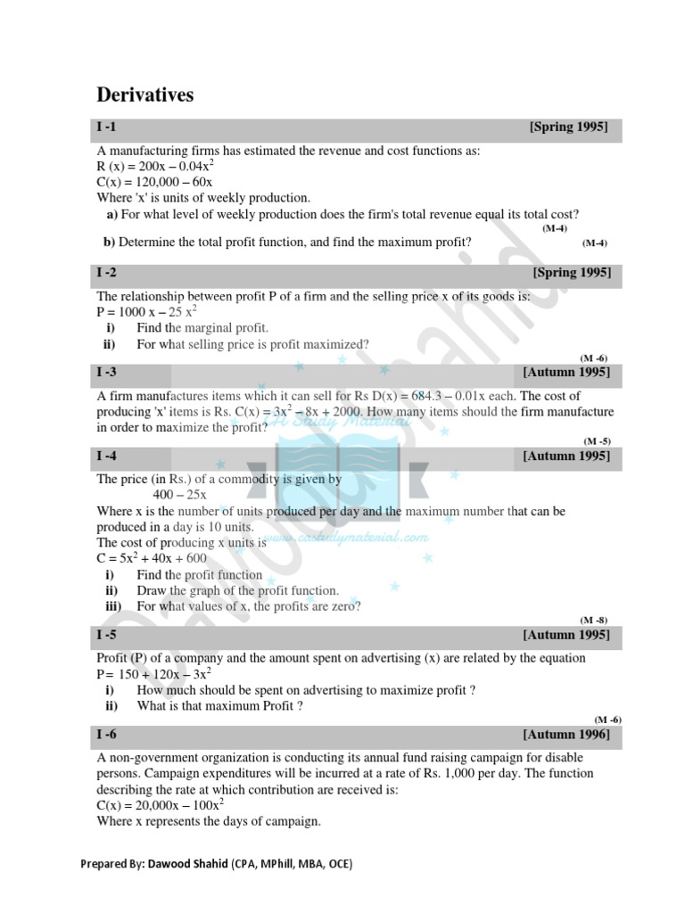 Derivatives Questions And Solutions Profit Economics Prices