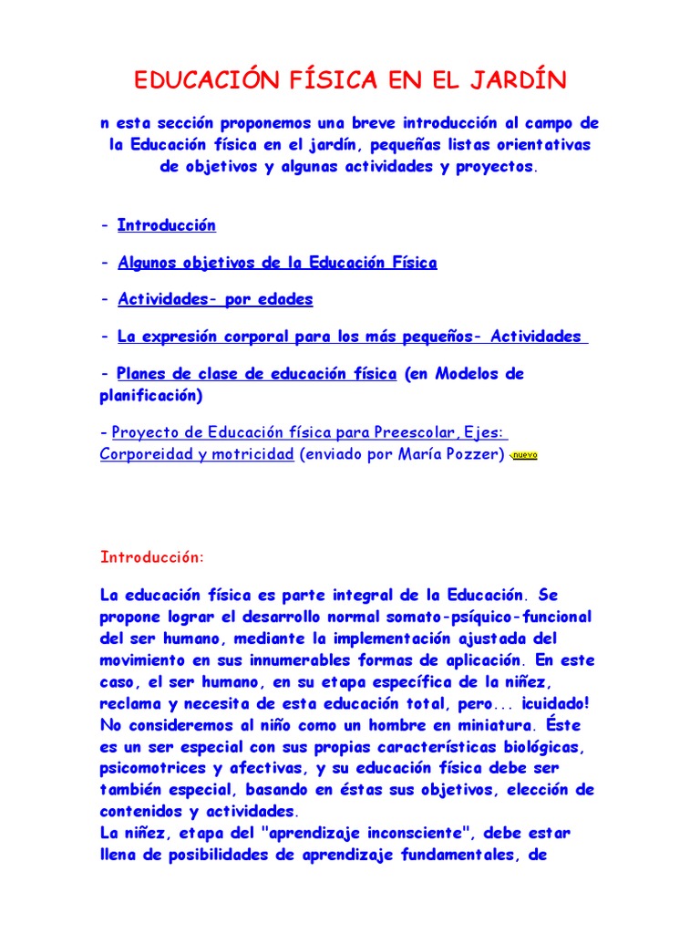 Educación Física en El Jardín | PDF | Educación de la primera infancia ...