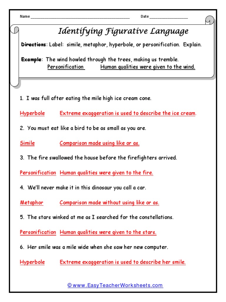 Figure of Speech Worksheet  PDF Inside Figures Of Speech Worksheet