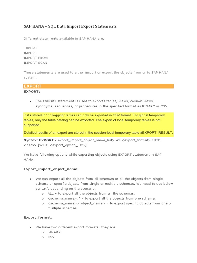 SAP HANA Data Import Export Guide | PDF | Comma Separated Values | File ...
