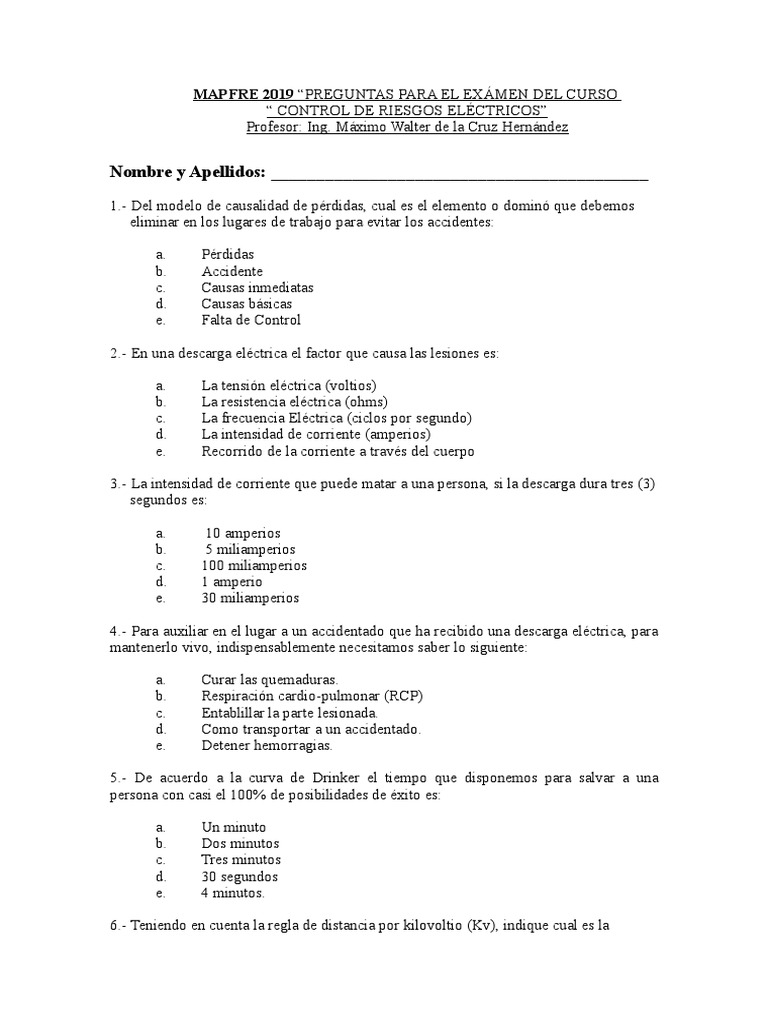 1 Examen Control de Riesgos Eléctricos Curso 10 Preguntas 2019