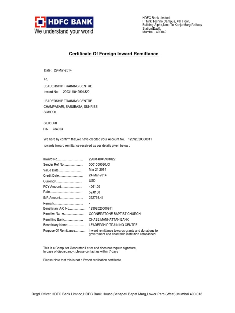 HDFC Foreign Inward Remittance Certificate | PDF | Finance & Money ...