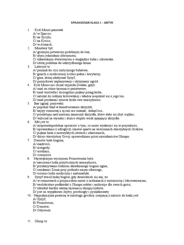 Sprawdzian Antyk I Liceum