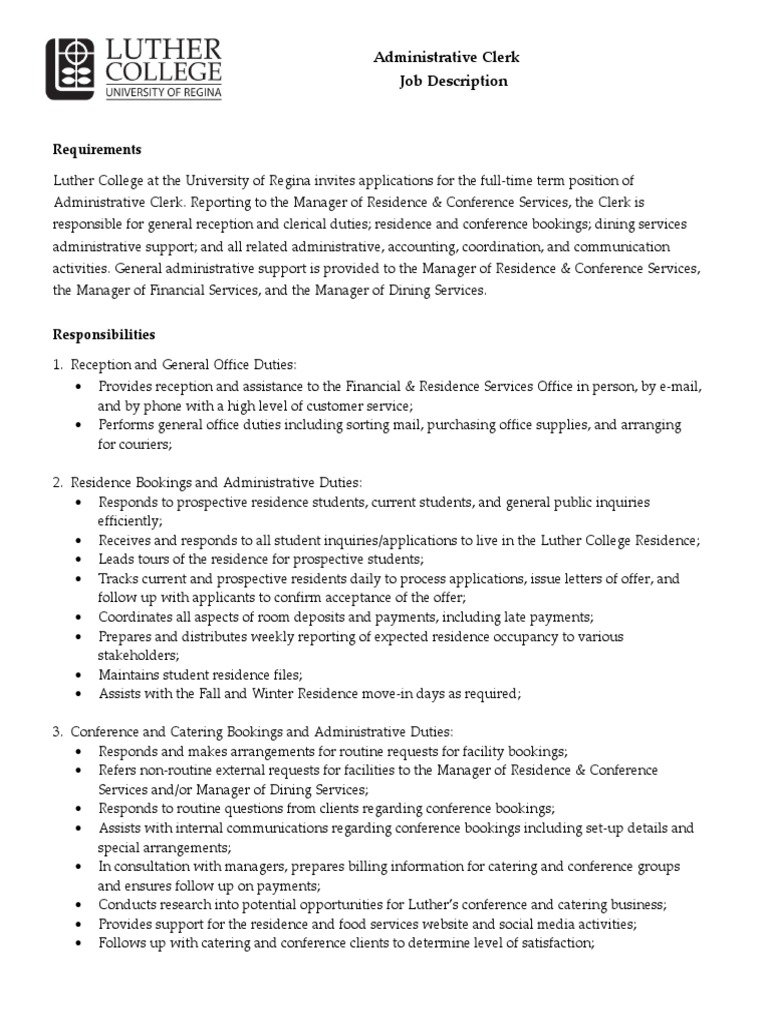 Administrative Clerk Job Description: Requirements | PDF | Competence ...