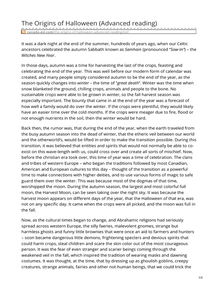 The Origins of Halloween Advanced Reading PDF Halloween Trick Or