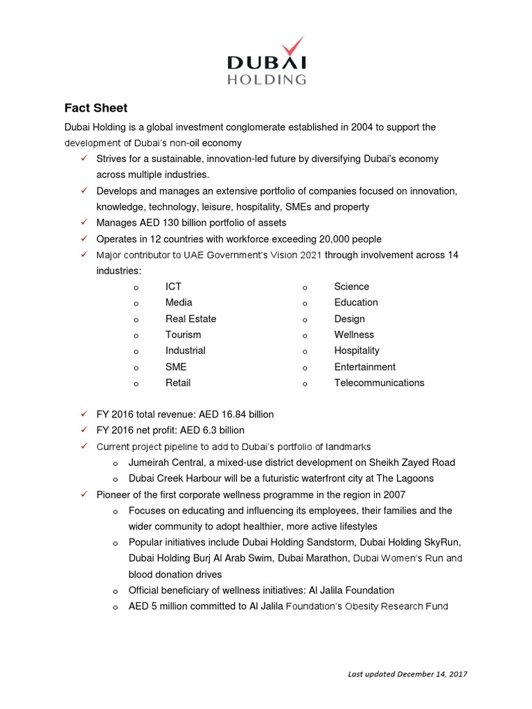 Dubai Holding Factsheet | PDF | Dubai | United Arab Emirates