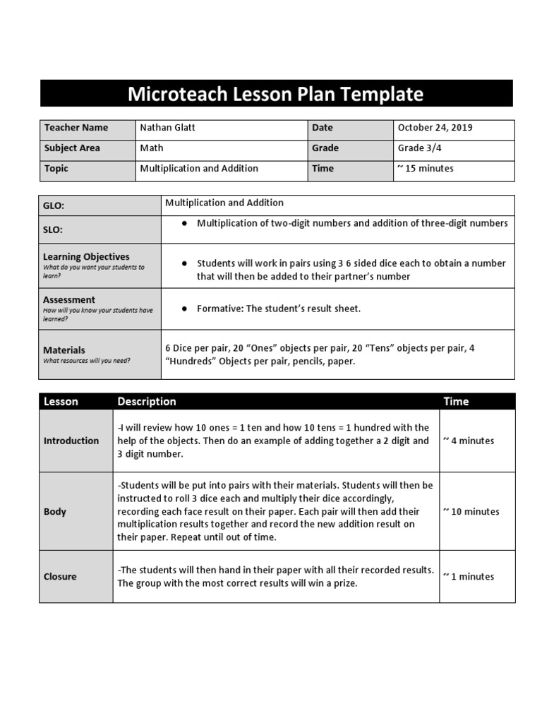 Microteach Lesson Plan Template: Teacher Name Date Subject Area Grade ...