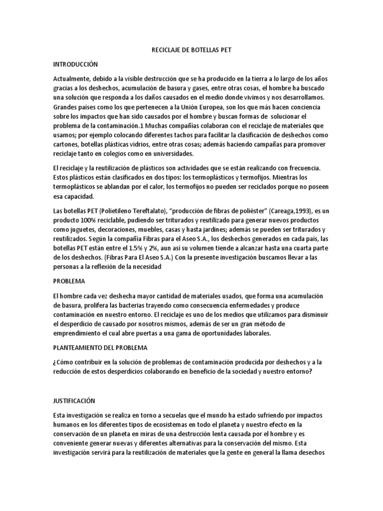 Reciclaje y Reutilización de Botellas PET | PDF | El plastico | Residuos